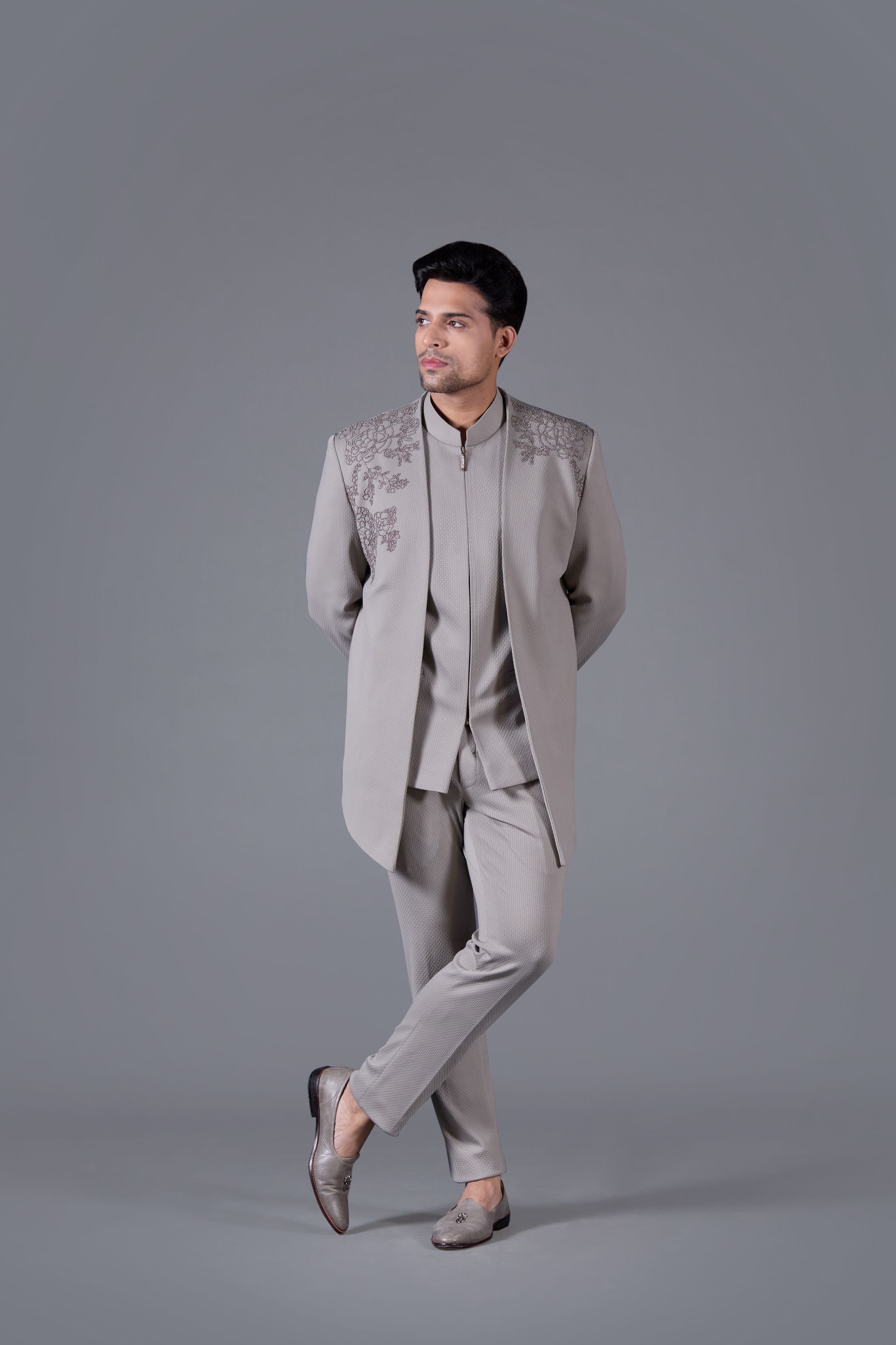 grey indo western dress Silver grey heavily embroidered net indo-western set – Auraya Fashion main image 0