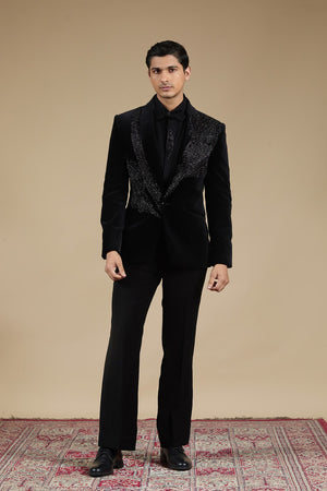 Velvet Embellished Tuxedo Suit Set