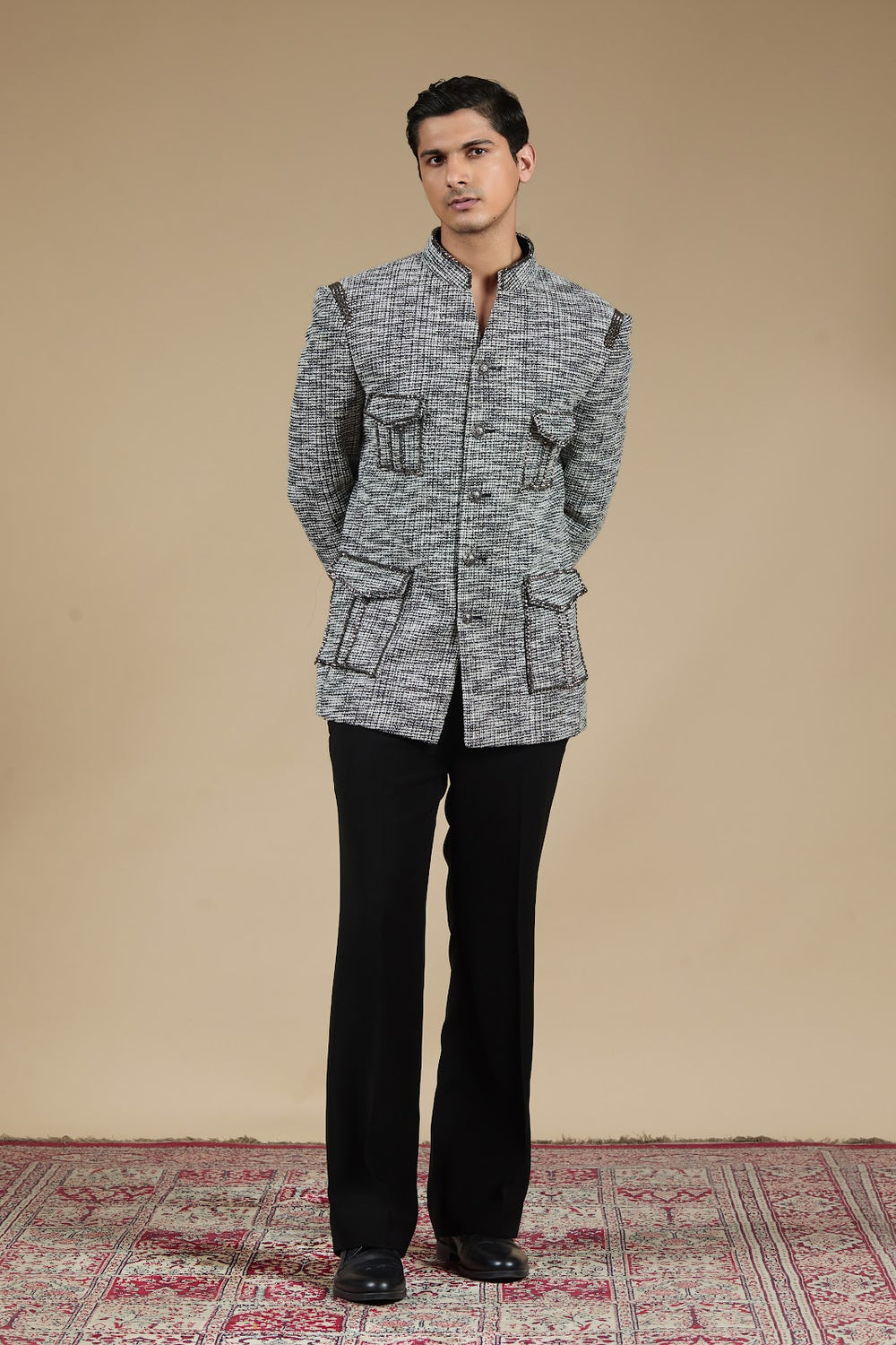 Textured Front-Zip Bandhgala Suit Set