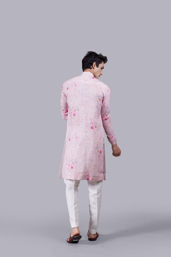 PINK PURE LINEN THREAD WORK KURTA SET