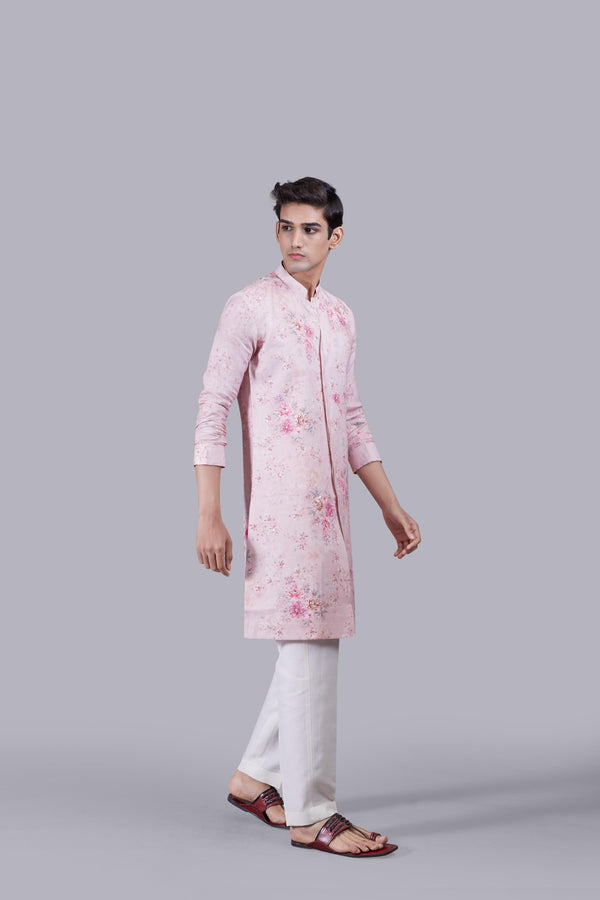 PINK PURE LINEN THREAD WORK KURTA SET