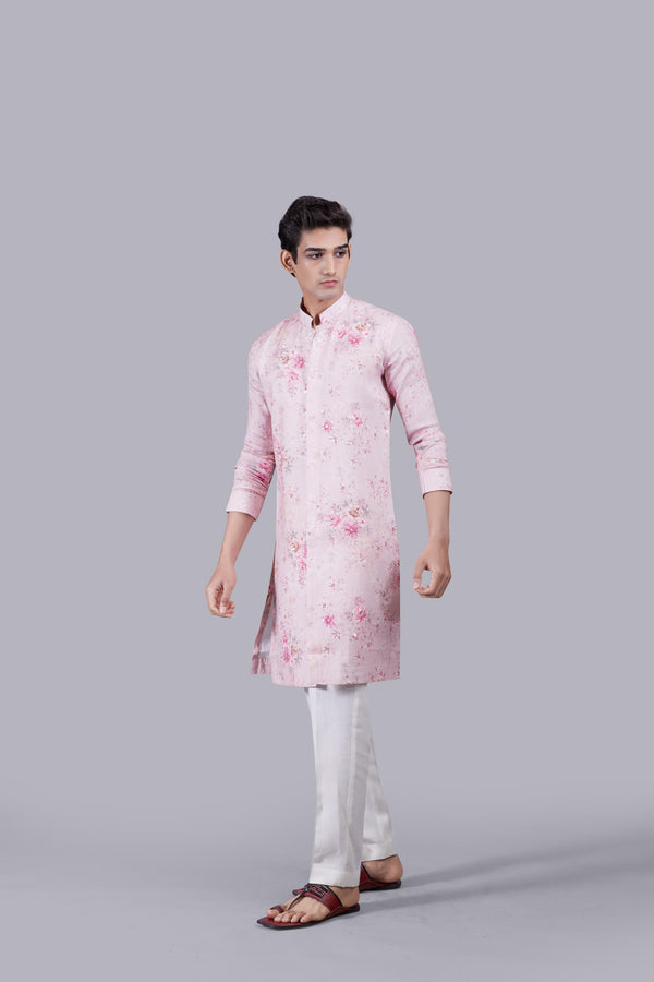 PINK PURE LINEN THREAD WORK KURTA SET