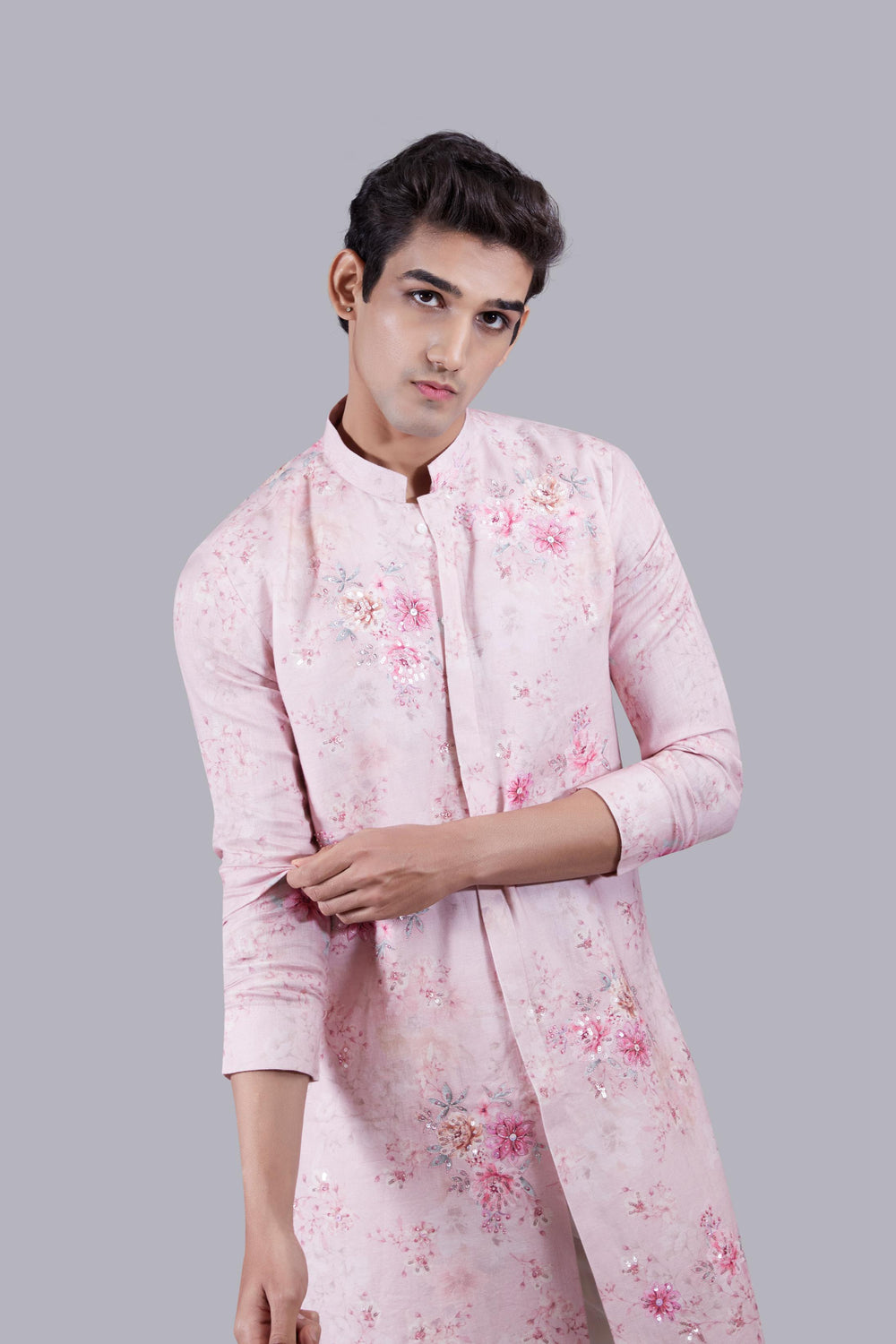 PINK PURE LINEN THREAD WORK KURTA SET