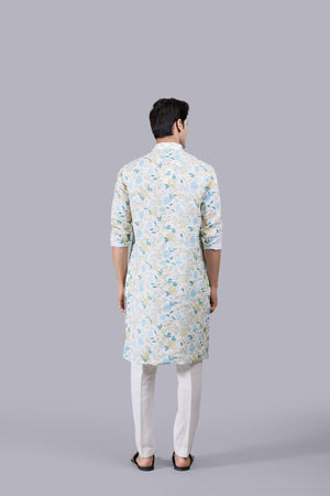 CREAM DIGITAL PRINT LINEN THREAD WORK KURTA SET
