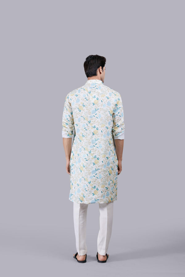 CREAM DIGITAL PRINT LINEN THREAD WORK KURTA SET