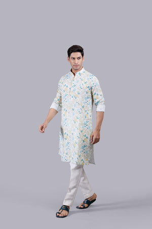 CREAM DIGITAL PRINT LINEN THREAD WORK KURTA SET
