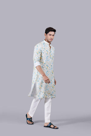 CREAM DIGITAL PRINT LINEN THREAD WORK KURTA SET