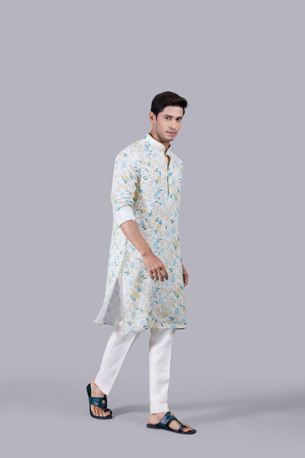 CREAM DIGITAL PRINT LINEN THREAD WORK KURTA SET