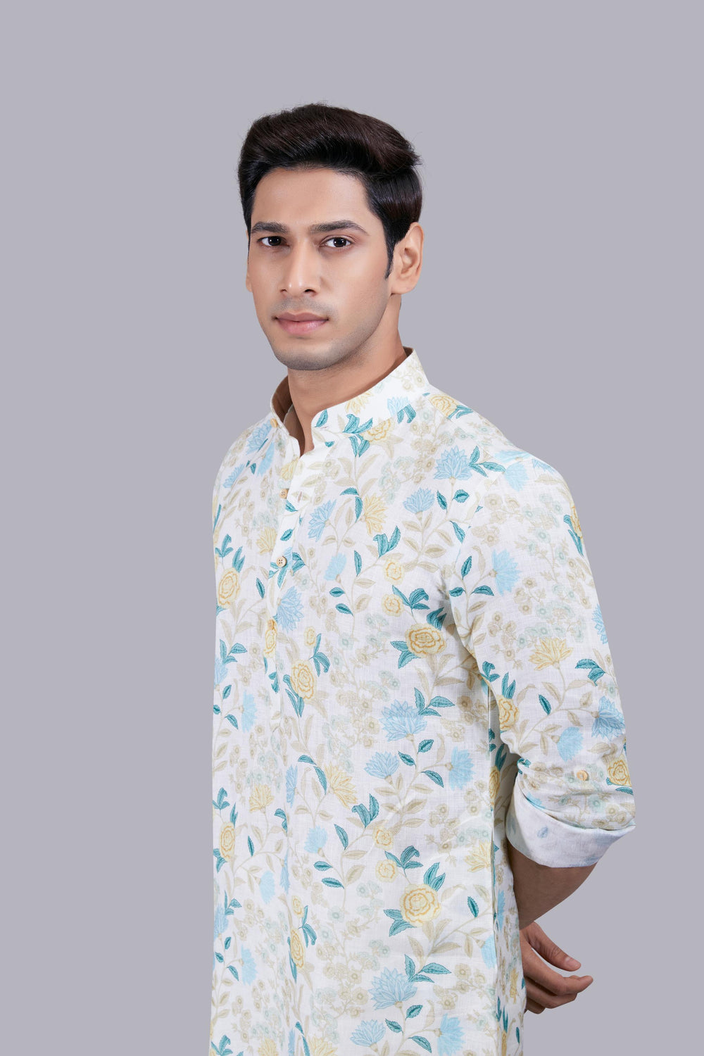 CREAM DIGITAL PRINT LINEN THREAD WORK KURTA SET