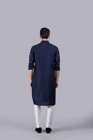 NAVY BLUE PURE LINEN THREAD WORK KURTA SET