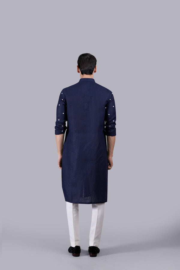 NAVY BLUE PURE LINEN THREAD WORK KURTA SET