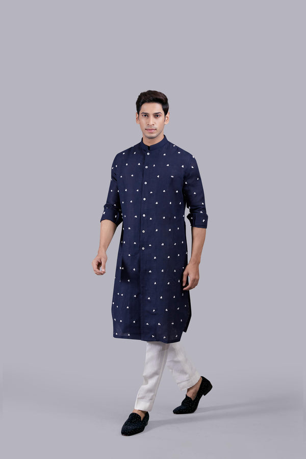 NAVY BLUE PURE LINEN THREAD WORK KURTA SET