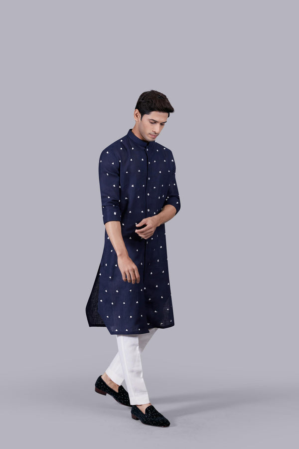 NAVY BLUE PURE LINEN THREAD WORK KURTA SET
