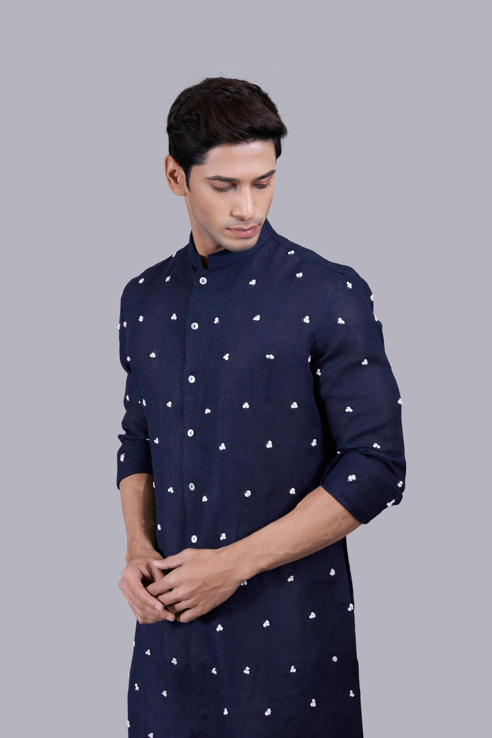 NAVY BLUE PURE LINEN THREAD WORK KURTA SET