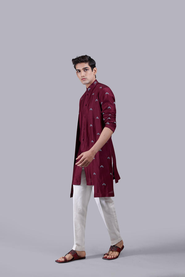 MAROON PURE LINEN THREAD WORK KURTA SET