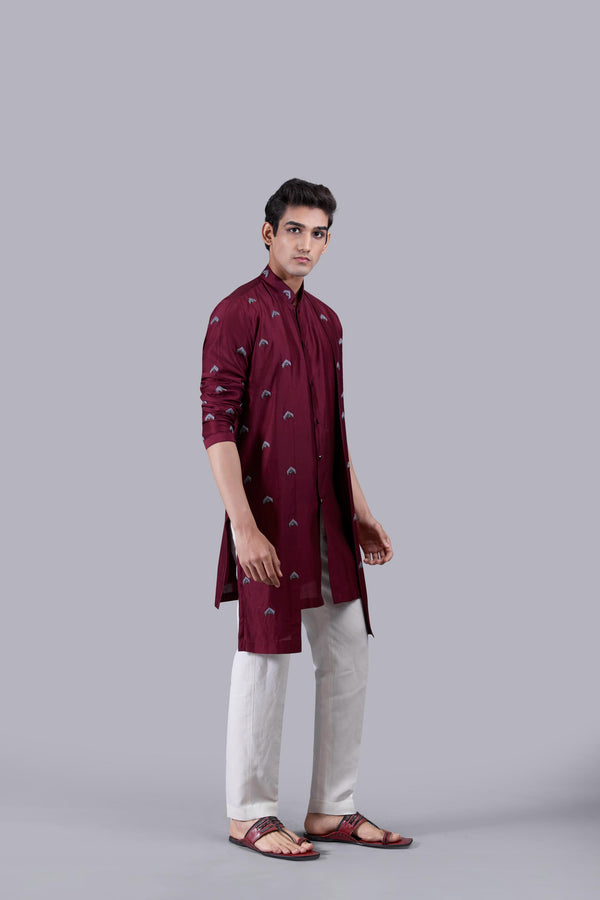 MAROON PURE LINEN THREAD WORK KURTA SET