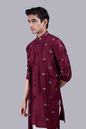 MAROON PURE LINEN THREAD WORK KURTA SET