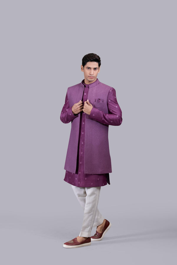PURPLE BHAGALPURI SILK THREAD WORK INDO WESTERN
