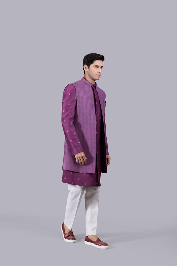 PURPLE BHAGALPURI SILK THREAD WORK INDO WESTERN