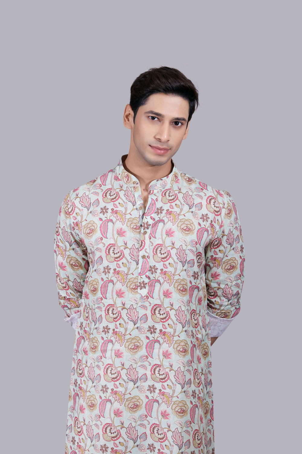 LIGHT PISTA DIGITAL PRINT LINEN THREAD WORK KURTA SET