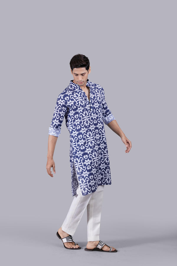 BLUE DIGITAL PRINT LINEN KURTA SET