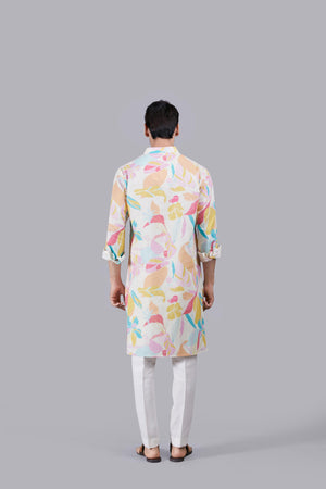 Cream and Multi-colored Digital Print Linen Kurta Set