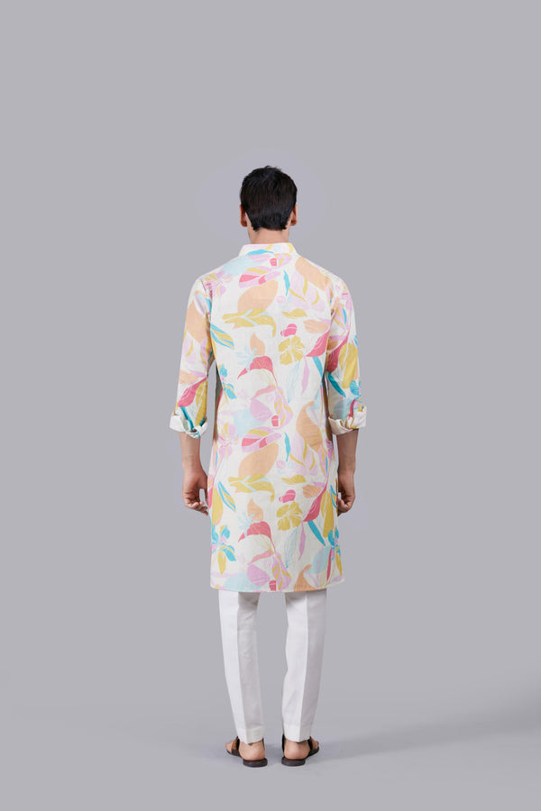 Cream and Multi-colored Digital Print Linen Kurta Set