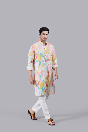 Cream and Multi-colored Digital Print Linen Kurta Set