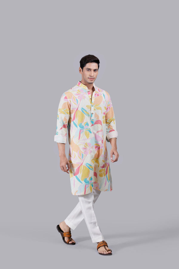 Cream and Multi-colored Digital Print Linen Kurta Set