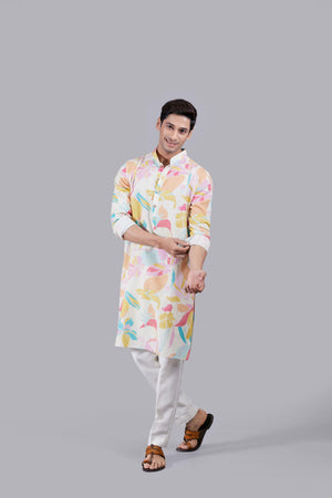 Cream and Multi-colored Digital Print Linen Kurta Set