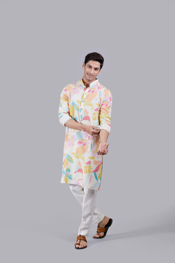 Cream and Multi-colored Digital Print Linen Kurta Set