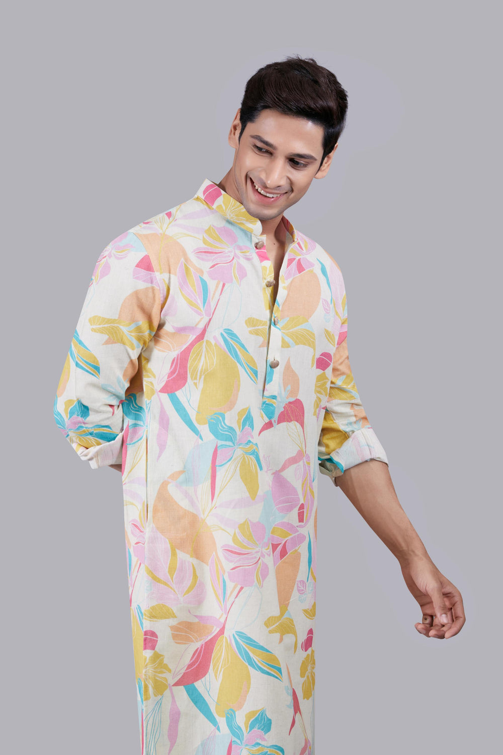 Cream and Multi-colored Digital Print Linen Kurta Set