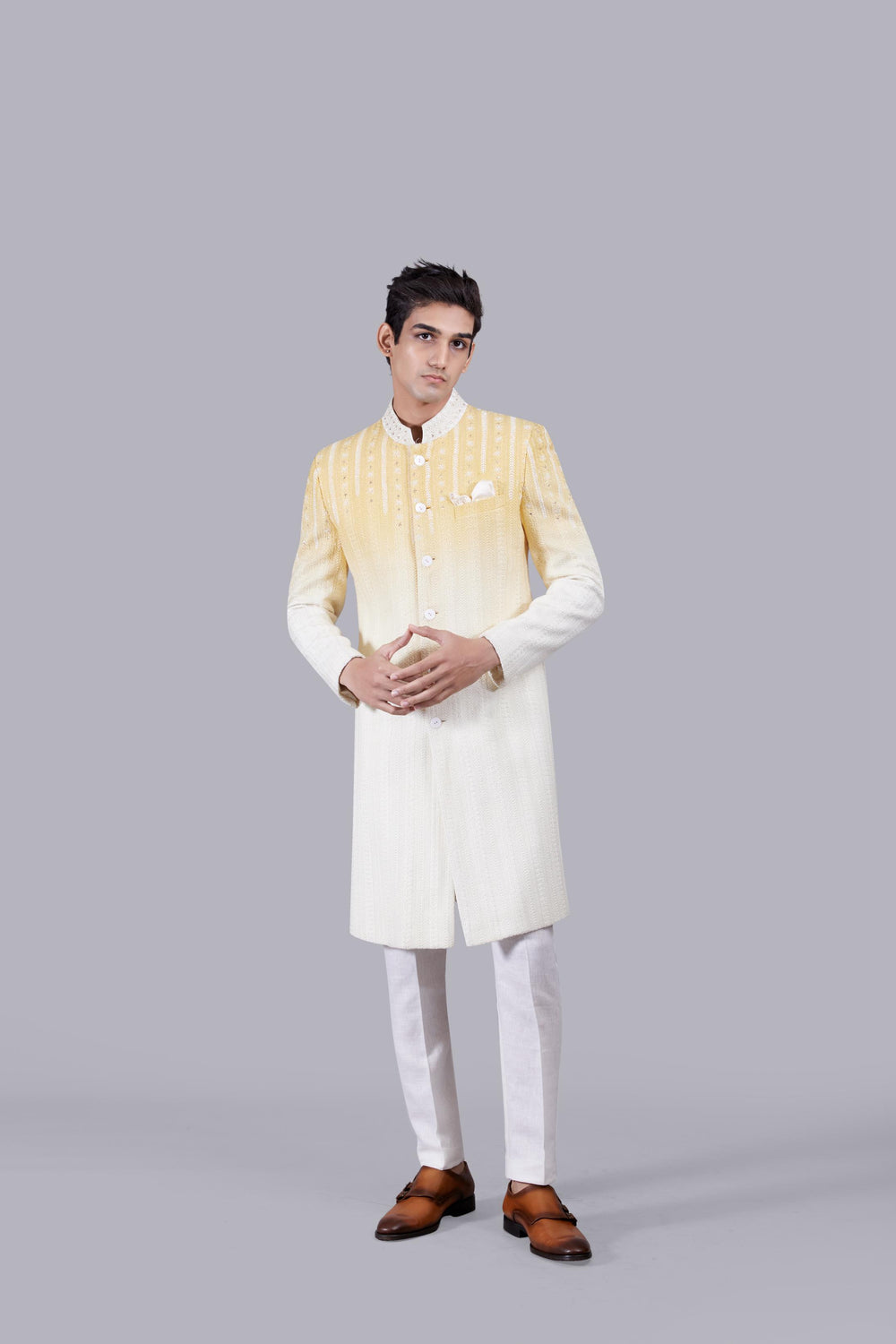 LEMON YELLOW GEORGETTE LUCKNOWI WORK INDO WESTERN