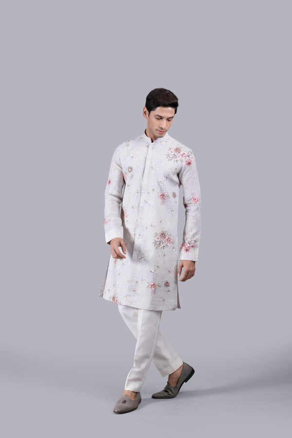 ASH BLUE DIGITAL PRINT LINEN KURTA SET