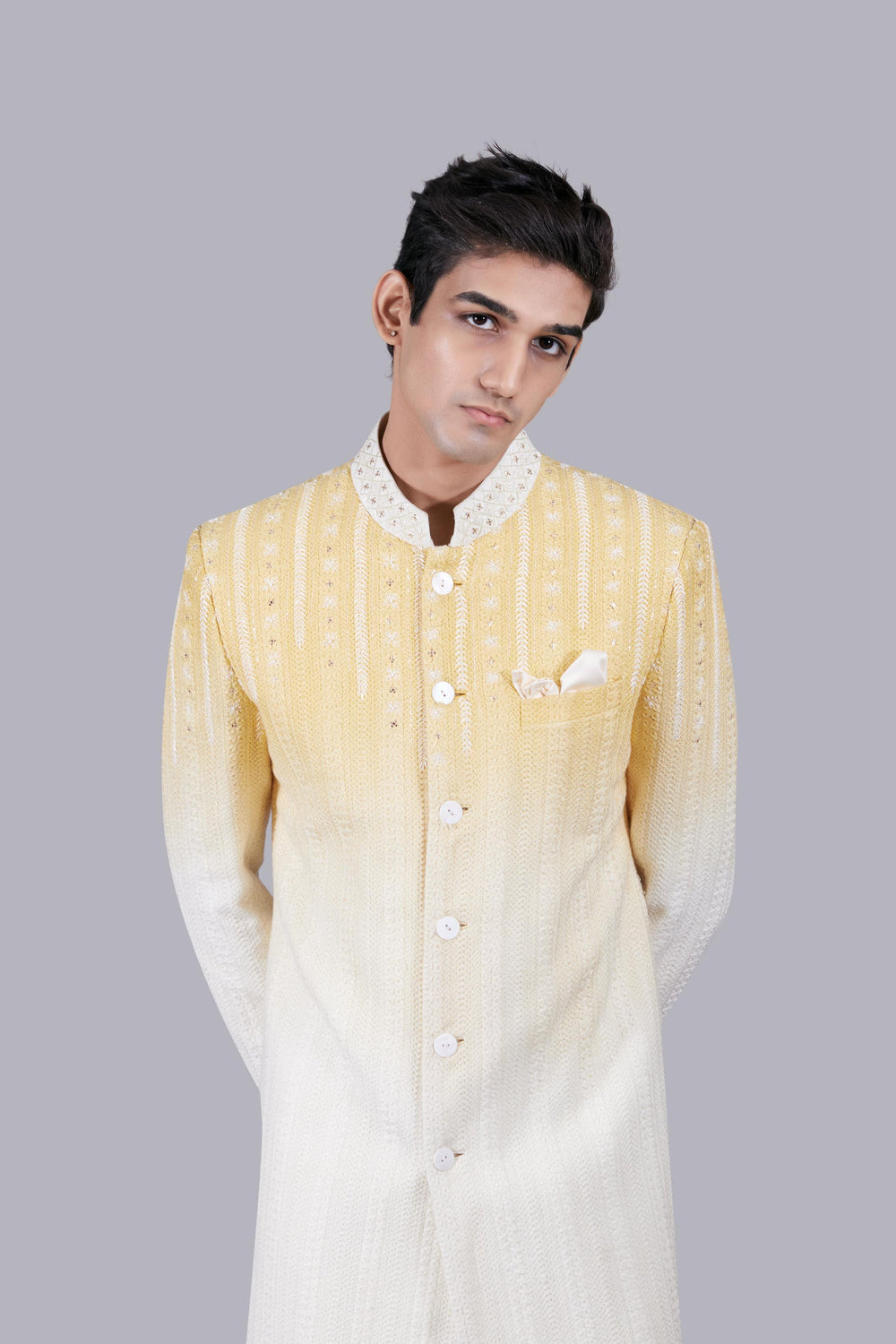LEMON YELLOW GEORGETTE LUCKNOWI WORK INDO WESTERN