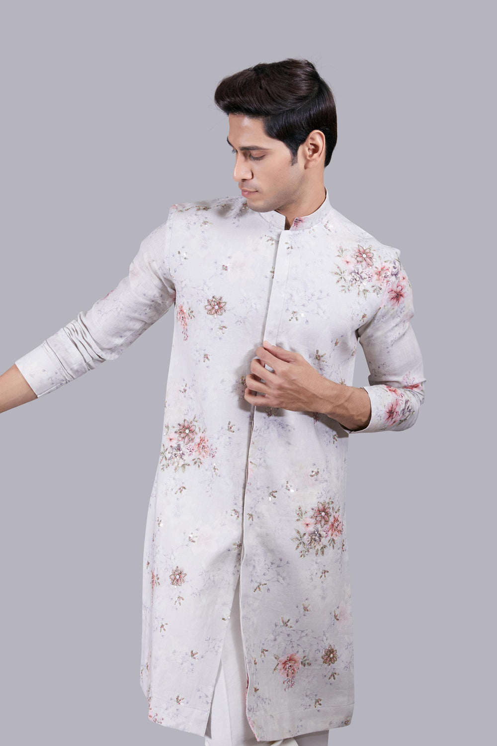 ASH BLUE DIGITAL PRINT LINEN KURTA SET