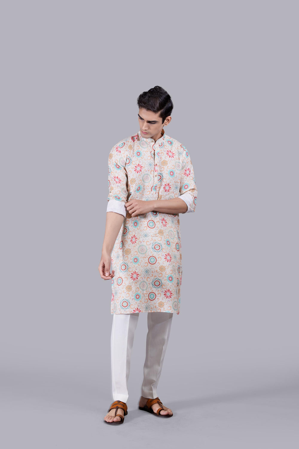 CREAM DIGITAL PRINT LINEN KURTA SET