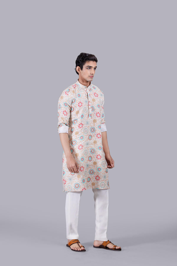 CREAM DIGITAL PRINT LINEN KURTA SET