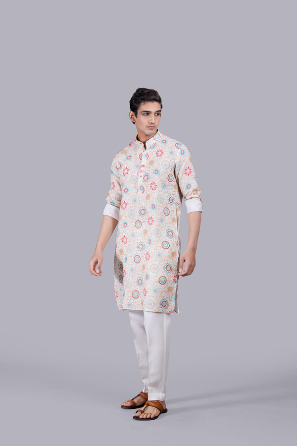CREAM DIGITAL PRINT LINEN KURTA SET
