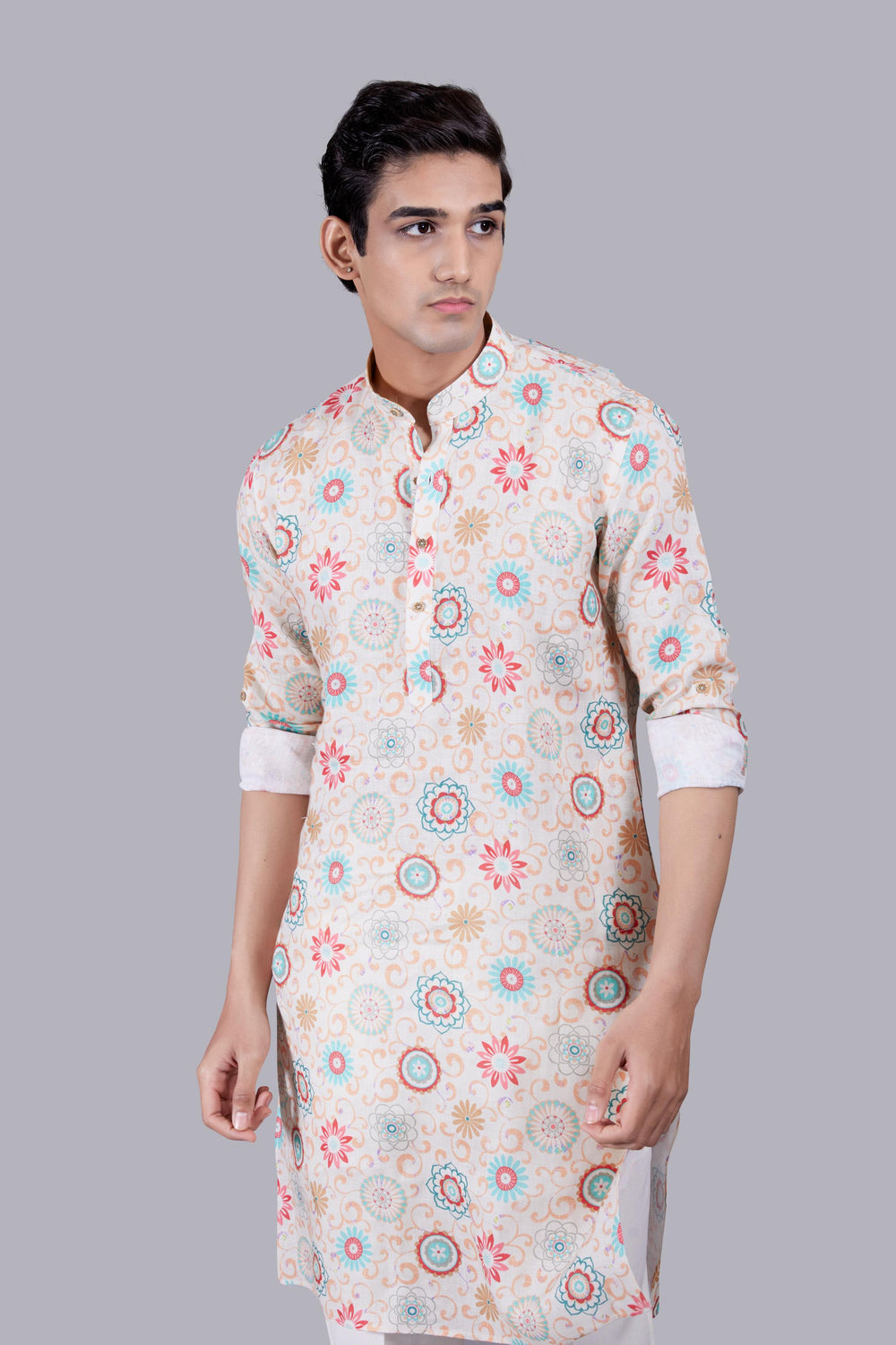 CREAM DIGITAL PRINT LINEN KURTA SET