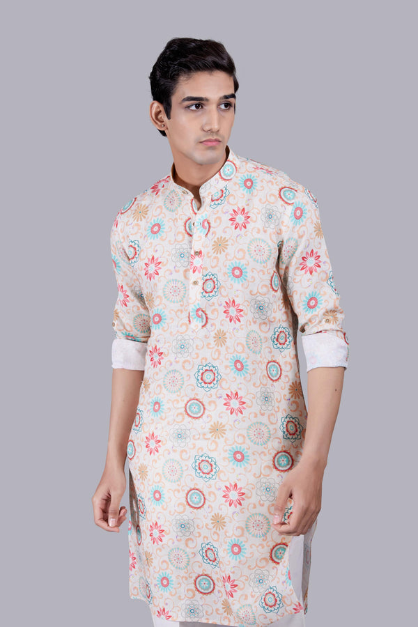 CREAM DIGITAL PRINT LINEN KURTA SET