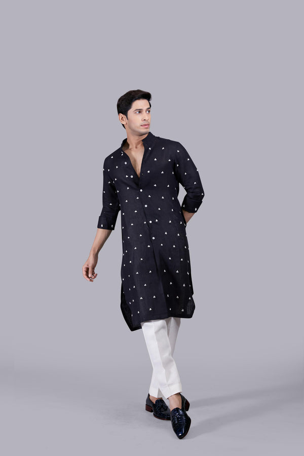 BLACK PURE LINEN KURTA SET