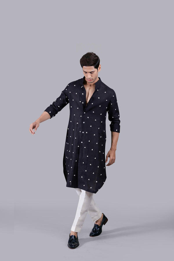 BLACK PURE LINEN KURTA SET