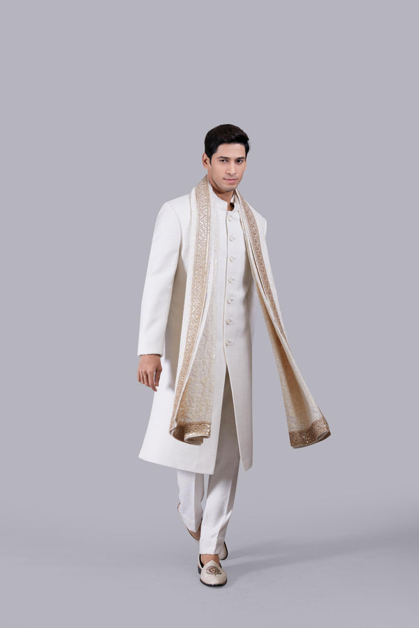 OFF WHITE JUTE LUCKNOWI WORK SHERWANI