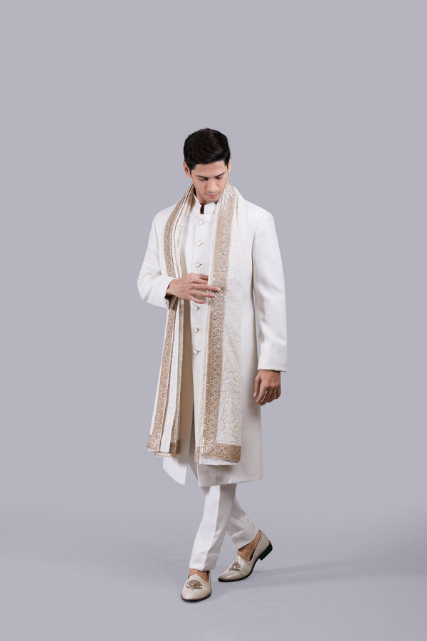 OFF WHITE JUTE LUCKNOWI WORK SHERWANI