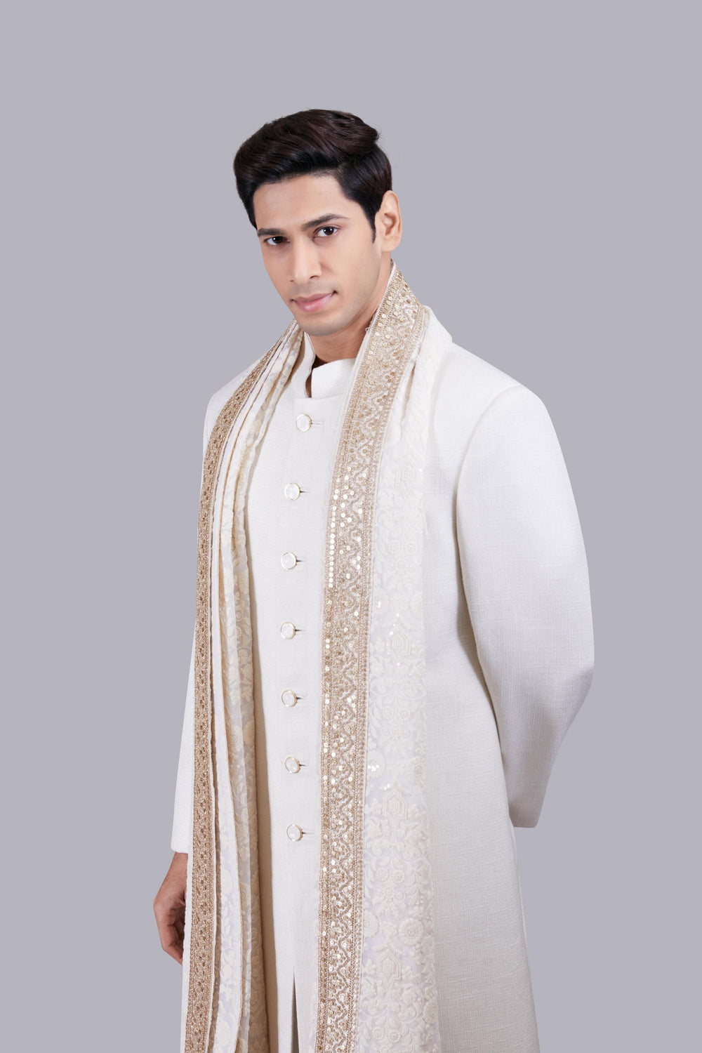 OFF WHITE JUTE LUCKNOWI WORK SHERWANI