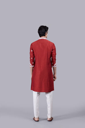 RED RAW SILK KURTA SET
