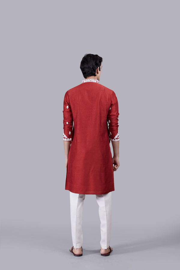 RED RAW SILK KURTA SET