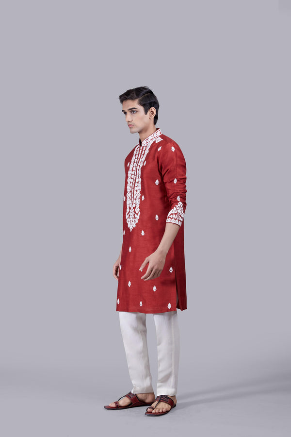 RED RAW SILK KURTA SET