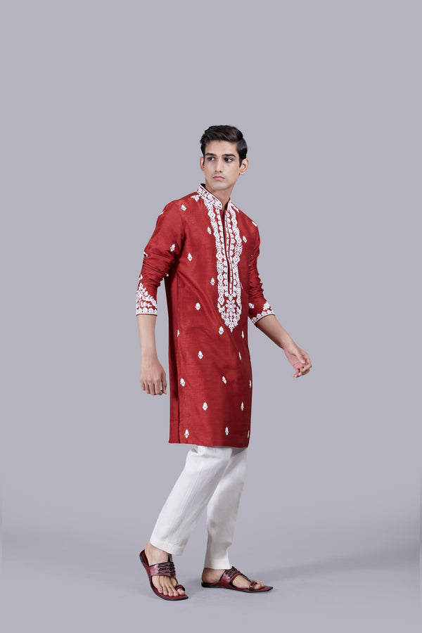 RED RAW SILK KURTA SET
